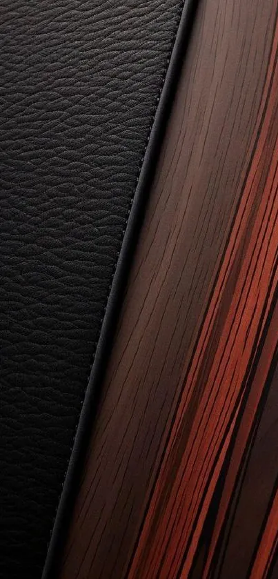 Elegant mobile wallpaper with black leather and brown wood texture.