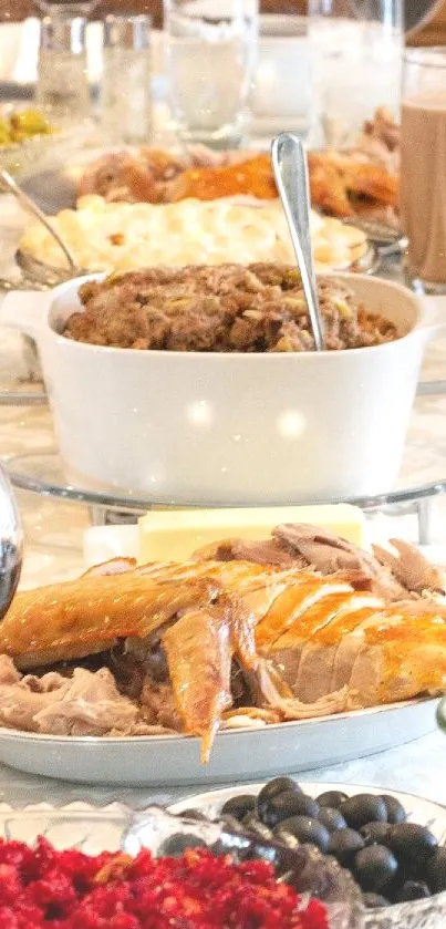 Elegant Thanksgiving dinner table with food and drinks.