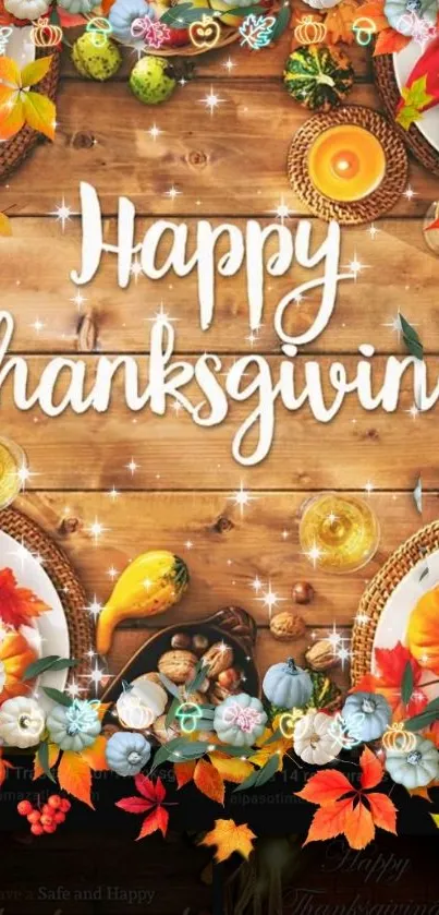 Thanksgiving wallpaper with rustic wooden table and festive decor.