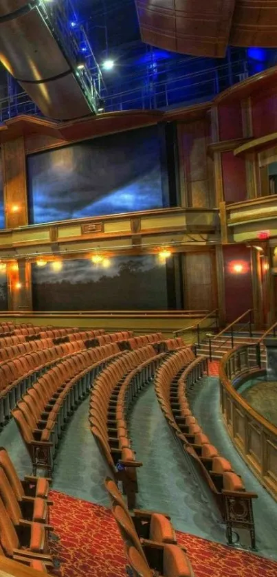 Elegant theater interior with rows of seats and rich brown decor.