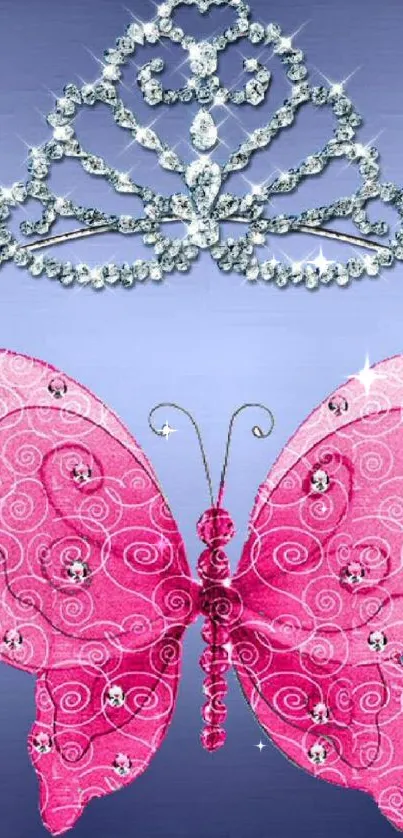 Pink butterfly and sparkling tiara on blue background wallpaper.