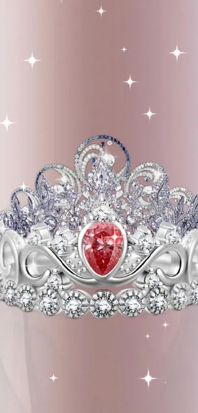 Intricate silver tiara with jewels on pink background.