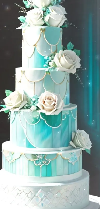 Elegant teal-tiered cake with floral decorations.