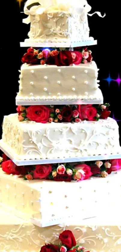 Tiered wedding cake with red roses and elegant pearl detailing.