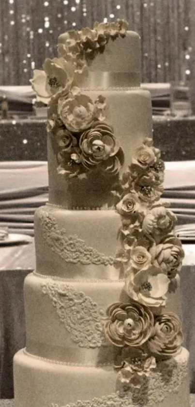 Elegant tiered wedding cake with floral decorations.