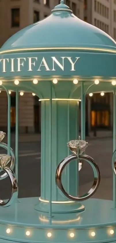 Elegant Tiffany jewelry carousel with diamond rings in city background.