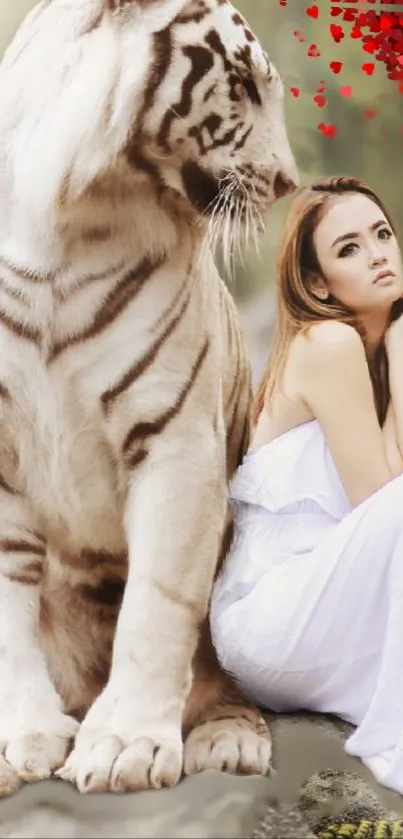 Elegant woman with a white tiger surrounded by red hearts.