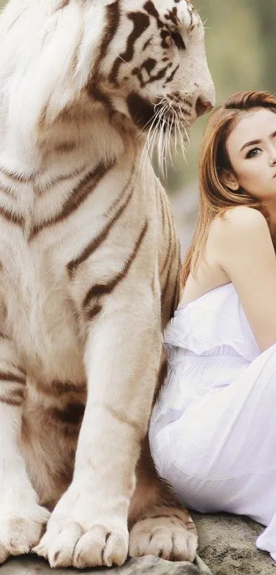 Elegant wallpaper of a white tiger sitting beside a serene woman.