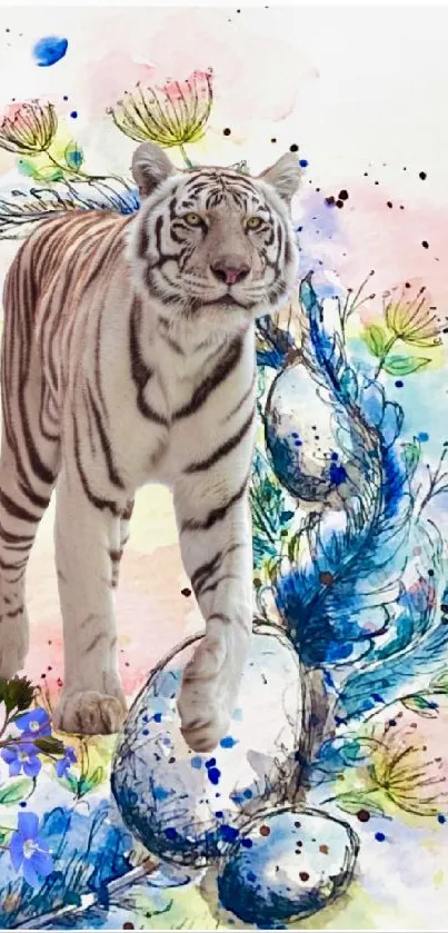 Elegant watercolor tiger with floral design on a white background.