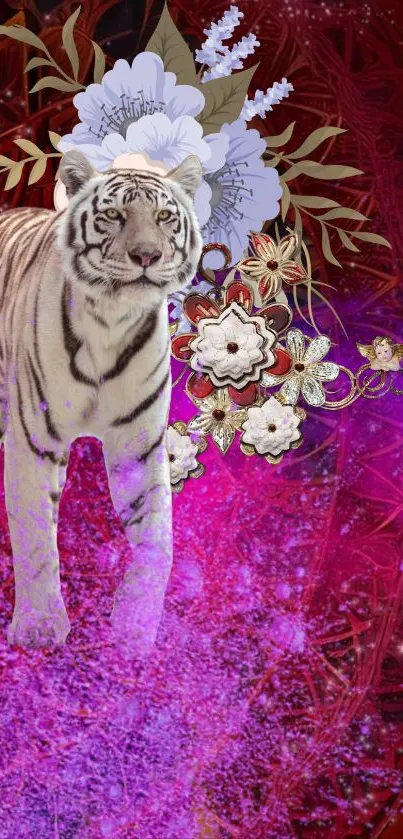 Mobile wallpaper with elegant tiger and floral design on magenta background.