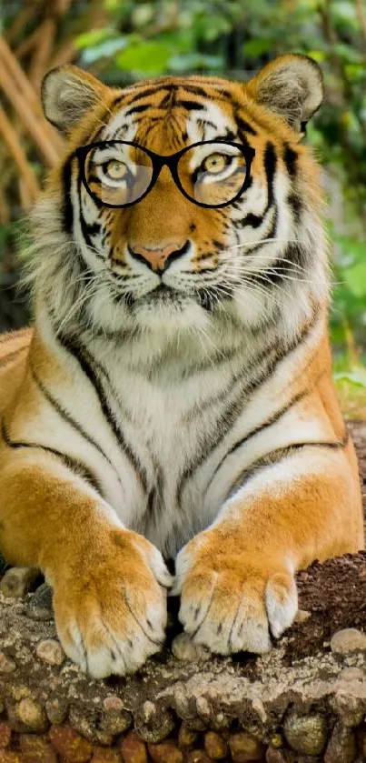 Tiger resting in lush jungle setting, vibrant mobile wallpaper