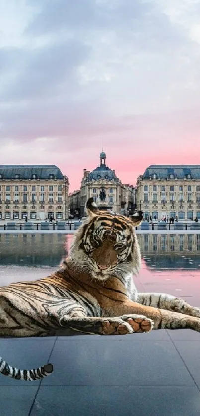 A majestic tiger sits by a serene palace with a pastel sunset sky and water reflection.