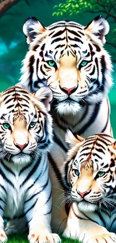 Three majestic tigers in a lush green jungle setting.