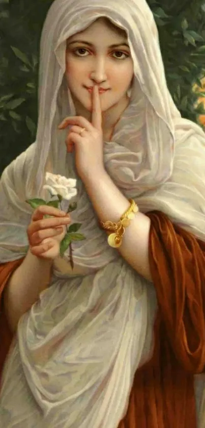 Portrait of a woman in elegant garb, holding a flower, with finger on lips.