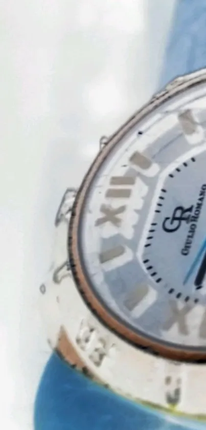 Close-up view of a Roman numeral luxury watch face with silver and blue tones.