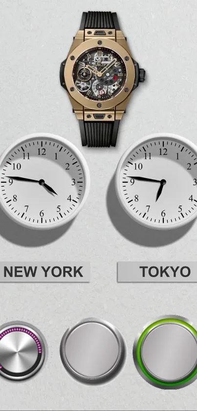 Elegant wallpaper featuring watch and global clocks on gray background.