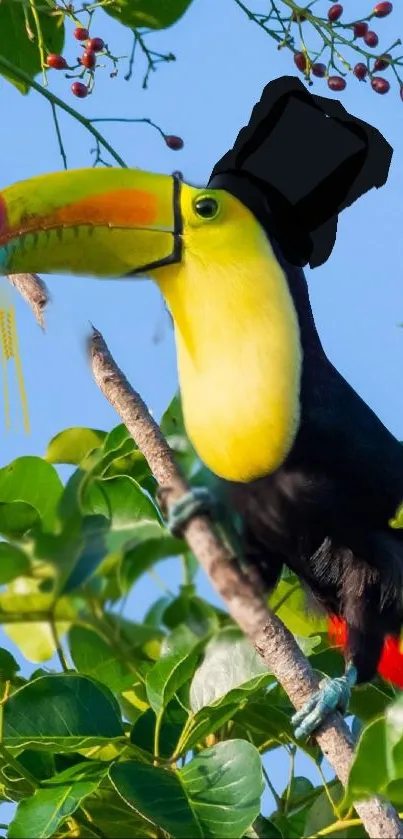 Toucan with a top hat perched on a branch in lush greenery.