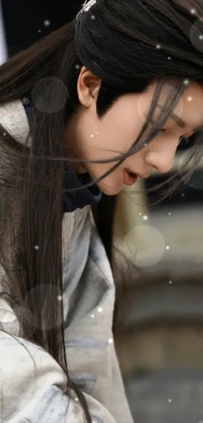 A serene close-up of a person in traditional attire, offering an elegant aesthetic.