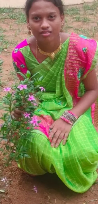 Woman in vibrant green saree in garden setting.