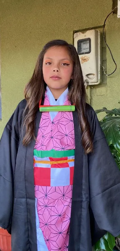 Young girl in traditional colorful attire with a green wall backdrop.