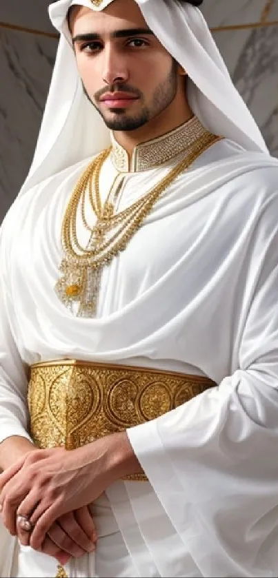 Elegant Middle Eastern attire with gold and white fabrics on a mobile wallpaper.