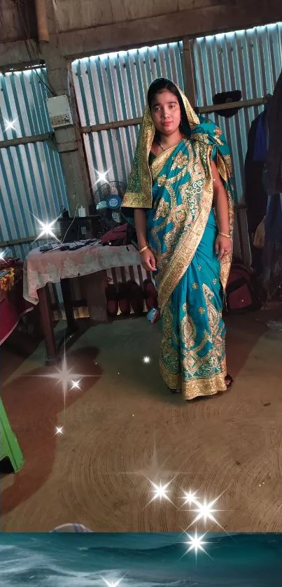 Elegant woman in a blue and gold saree, indoors with a multi-themed background.