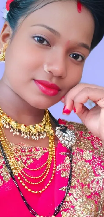 Woman in traditional attire with gold jewelry and vibrant pink accents.