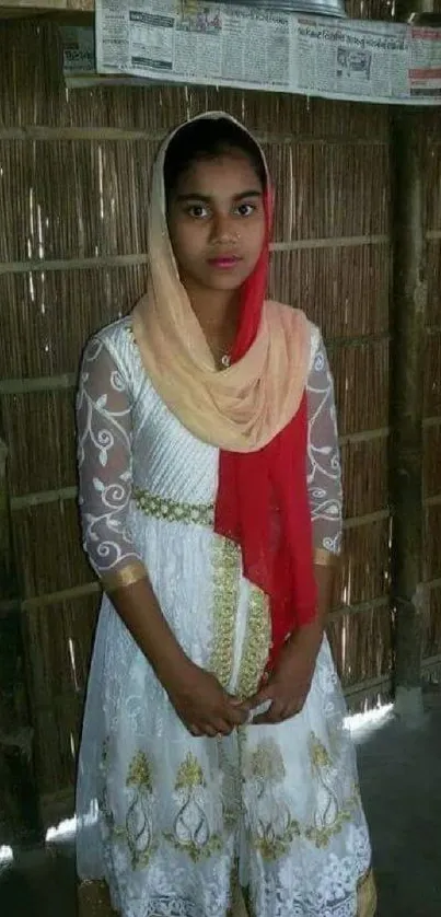 Woman in traditional attire with a bamboo backdrop.