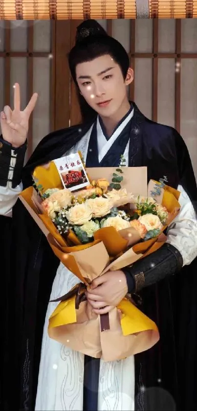 Person in traditional attire holding a bouquet, posing gracefully.