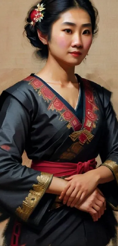 Portrait of a woman in traditional attire with elegant detailing.