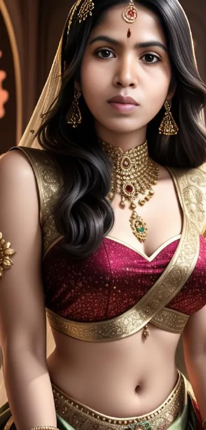 Woman in rich traditional attire with ornate jewelry and veil.