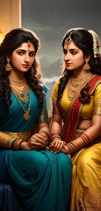 Women in traditional attire with jewelry background.