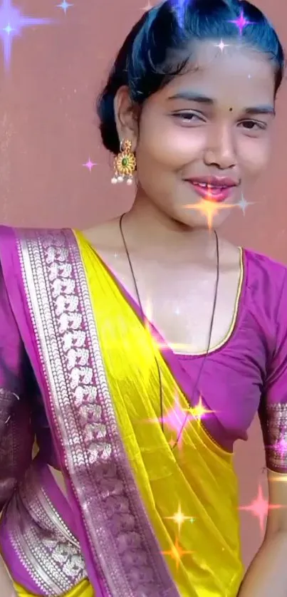 Woman in colorful traditional attire with sparkles