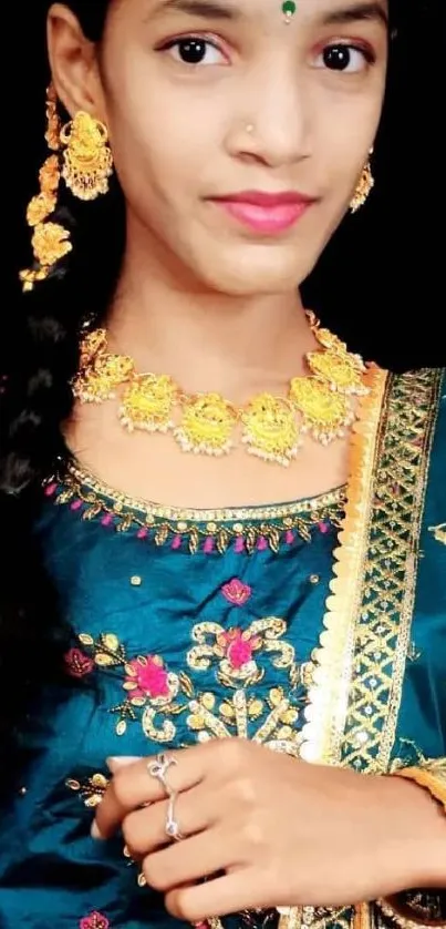 Traditional attire portrait with elegant jewelry and vibrant colors.