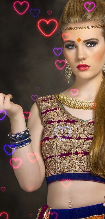 Woman in traditional attire posing elegantly with dark brown background.