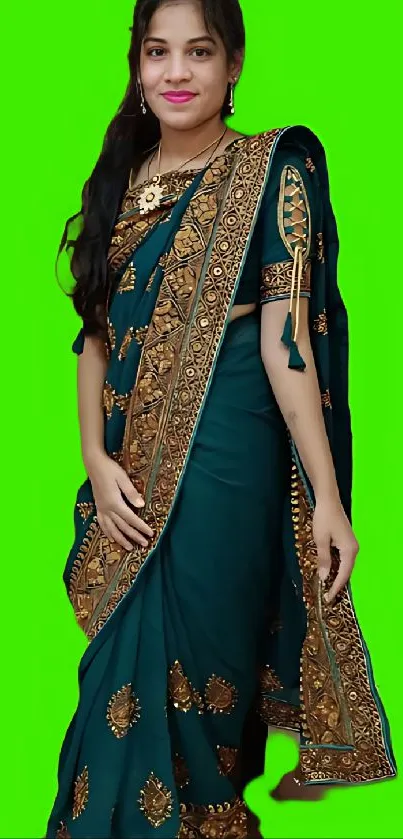 Woman in vibrant traditional attire with green background.