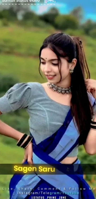 Woman in traditional attire with a scenic background.