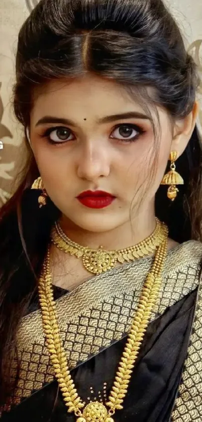 Girl in traditional attire with jewelry and patterned sari.