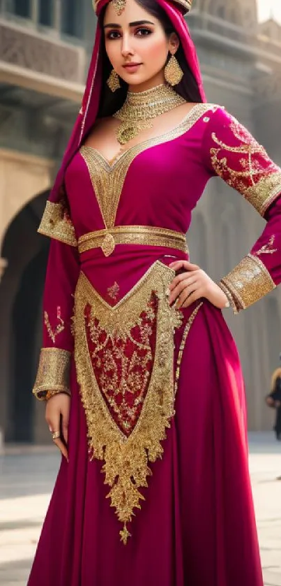 Woman in magenta traditional attire with gold accents, standing in architectural setting.