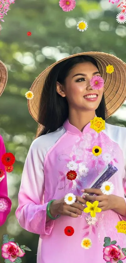 Two women in traditional attire outdoors.