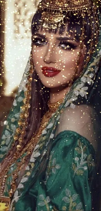 Mobile wallpaper of a woman in elegant traditional attire with rich green and gold colors.