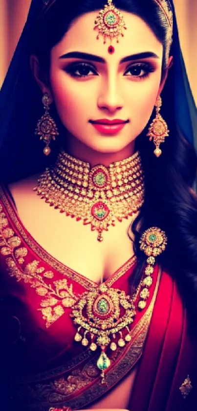 Elegant woman in traditional attire with jewelry, vibrant and regal.