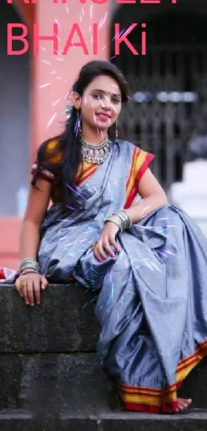 Woman in traditional saree sitting elegantly with a scenic background.