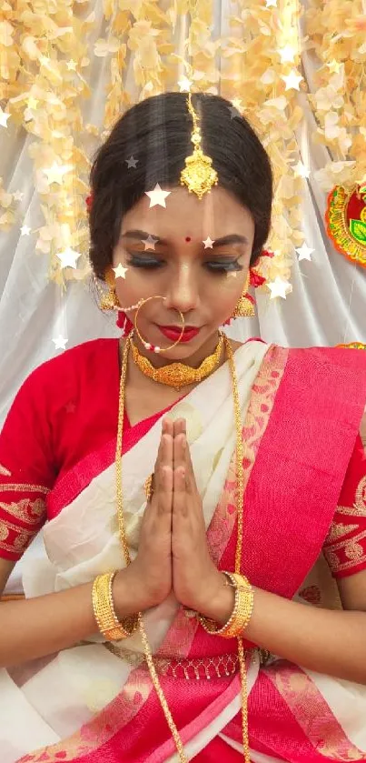 Woman in traditional attire with jewelry and vibrant colors.