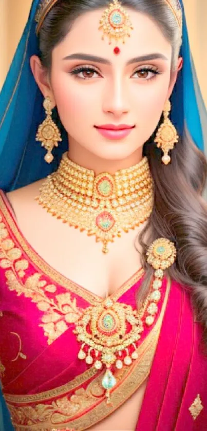 Elegant woman in crimson traditional attire with gold jewelry mobile wallpaper.