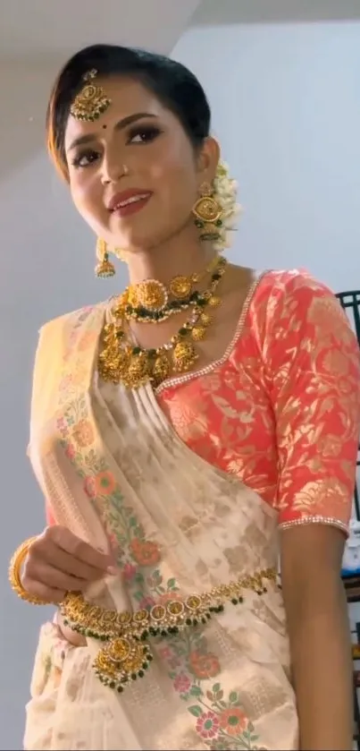 Woman in traditional attire with ornate jewelry.