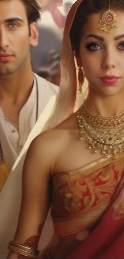 Elegant couple in traditional attire with intricate jewelry.