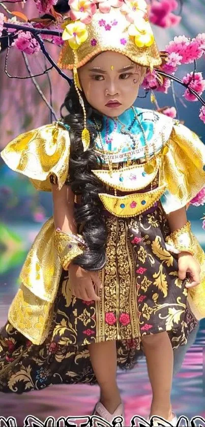 Child in ornate traditional attire with cherry blossoms background.