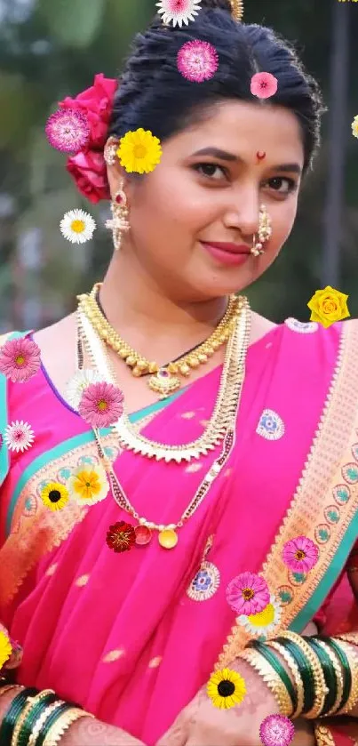 A woman in traditional attire with vibrant pink and gold accents.