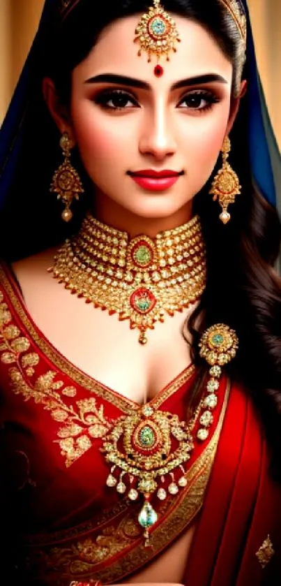 A woman in traditional attire with rich jewelry, enhancing elegance.